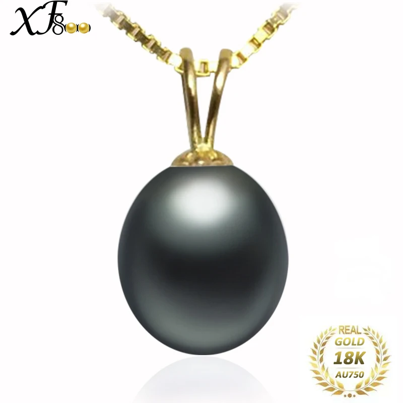 

XF800 Real 18K Yellow Gold Pendant Necklace 9-10mm Black Natural Freshwater Pearl Fin Jewelry Wedding Gift For Women Girl D227