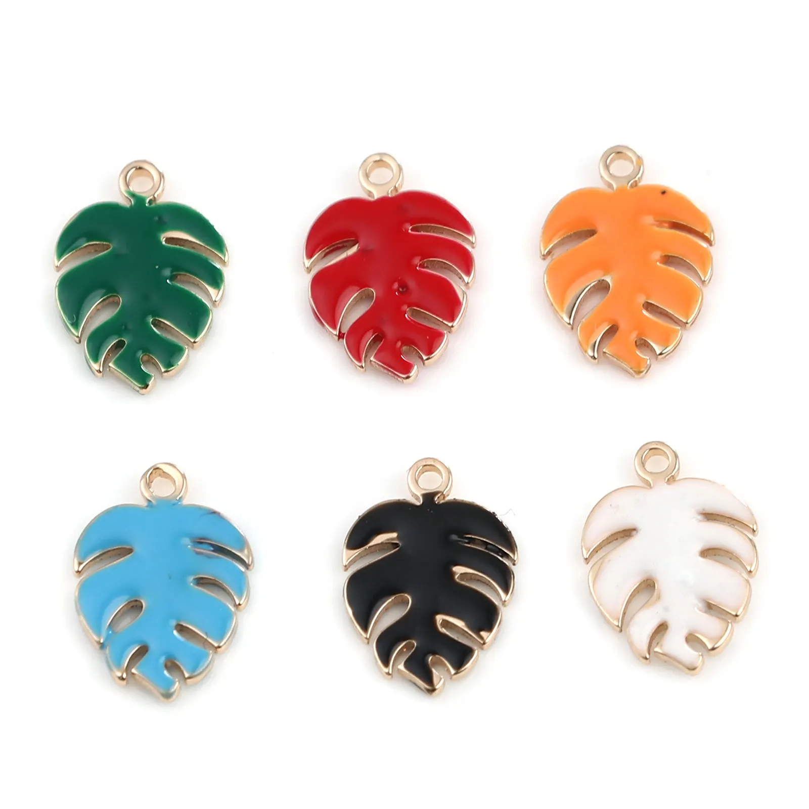 5PCs Hot Copper Enamelled Sequins Charms For Jewelry Making Colorful Monstera Leaves Pendant Bracelet DIY Findings 13x9mm