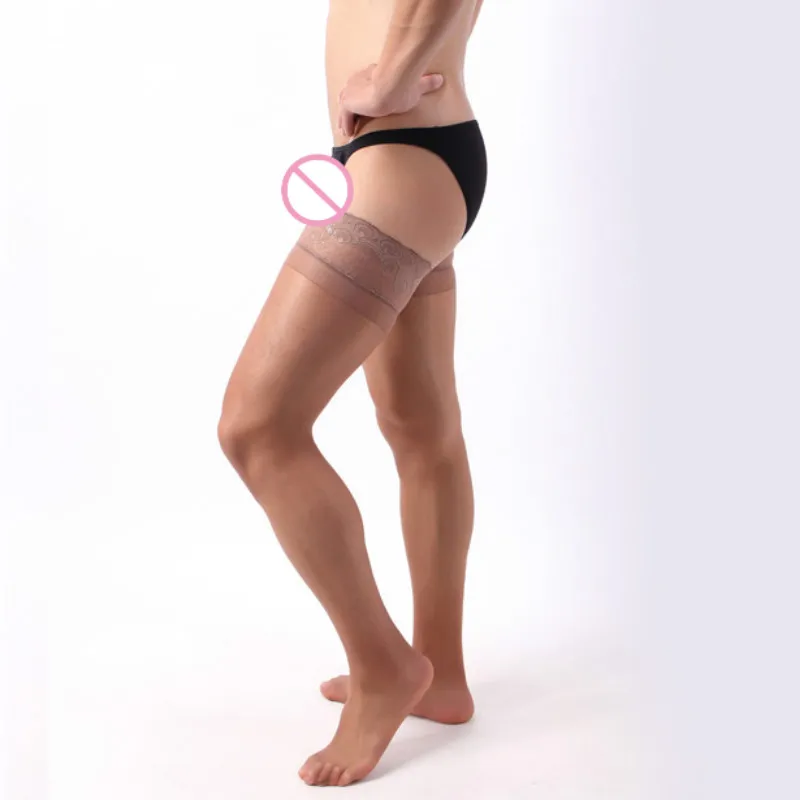 Bas antidérapants en Silicone pour hommes, bas en soie et Nylon, haut en dentelle Gay, cuisses hautes, Sexy, Lingerie masculine, nouvelle collection