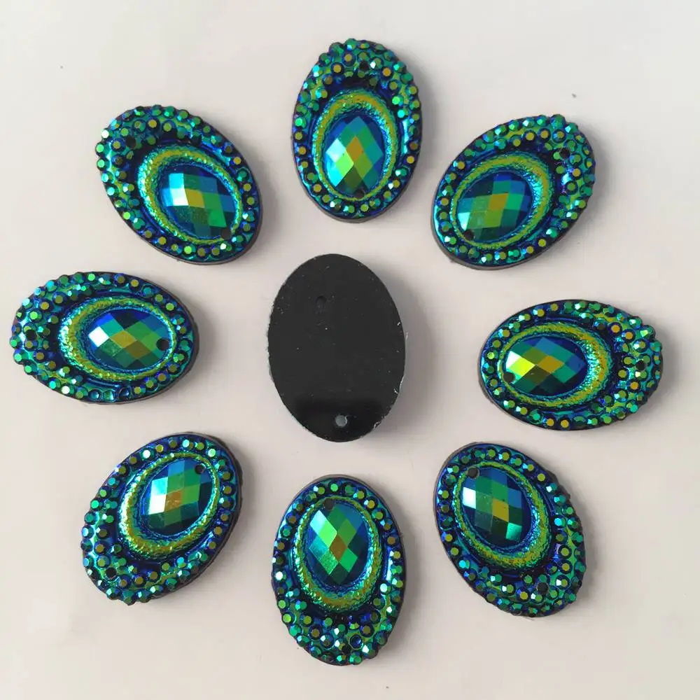 Shiny 60PCS AB Resin 13*18mm Oval Peacock Eye FlatBack Rhinestone  Scrapbook Wedding 2 Hole Appliques Ornament SF108