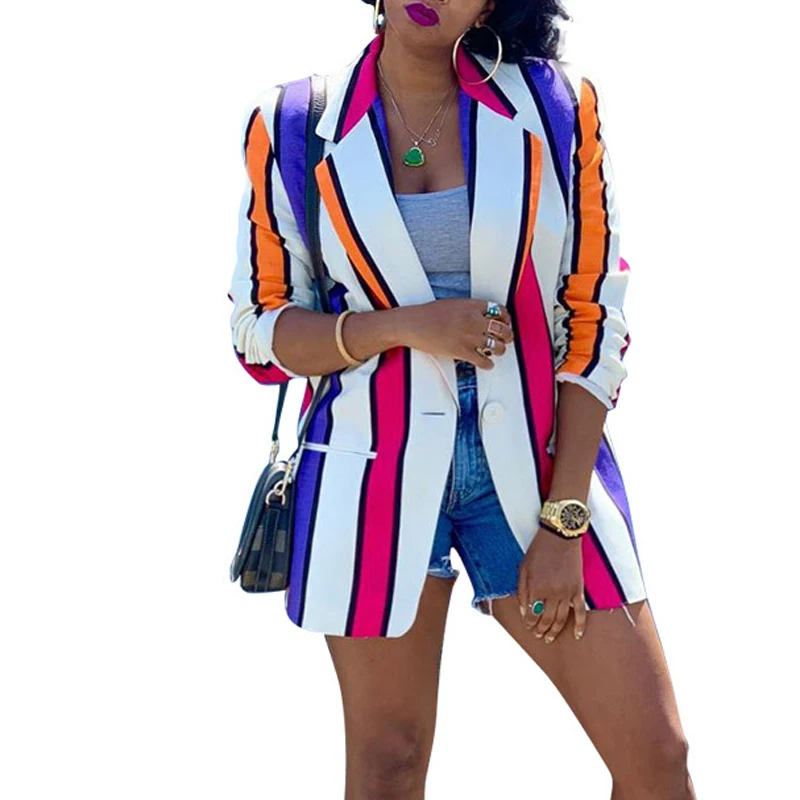 Blazers Women Fashion Street Multicolor Striped 2023 Spring Autumn New Mid Length Oversize Streetwear Single Button Blazer Suit