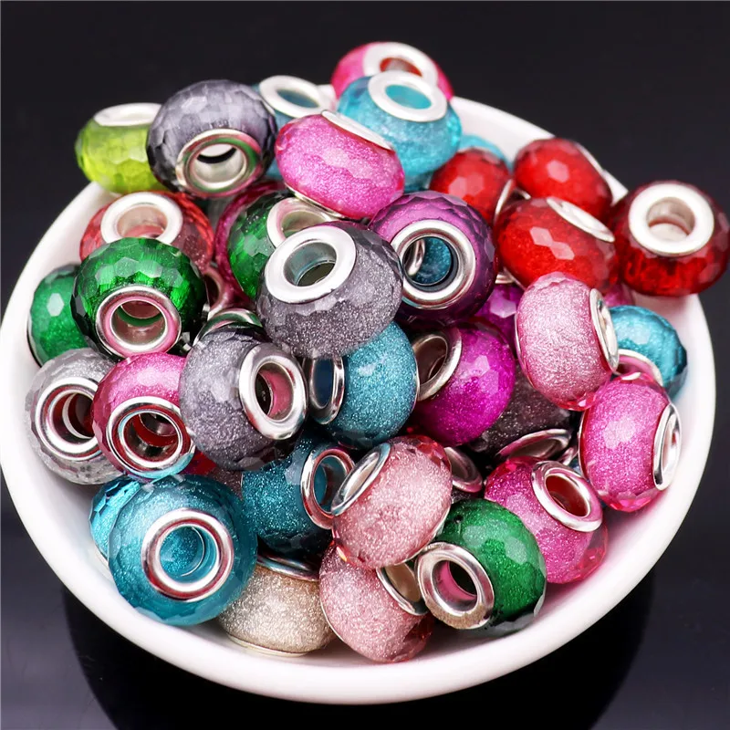 10Pcs/Lot Glitter Powder Cut Faceted Plastic Resin Muranos Spacer Beads Fit Pandora Charms Bracelet For Women DIY Jewelry Making