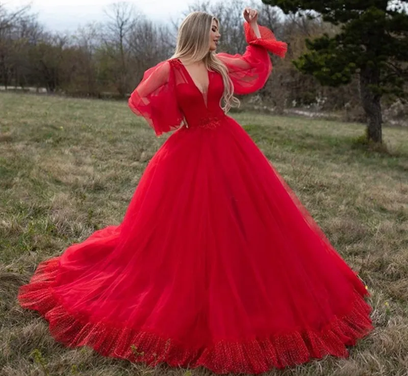 2021 High Quality Boho Lace Wedding Dress Puff Sleeves Red Appliques Bridal Gowns Backless Long Vestido De Noiva