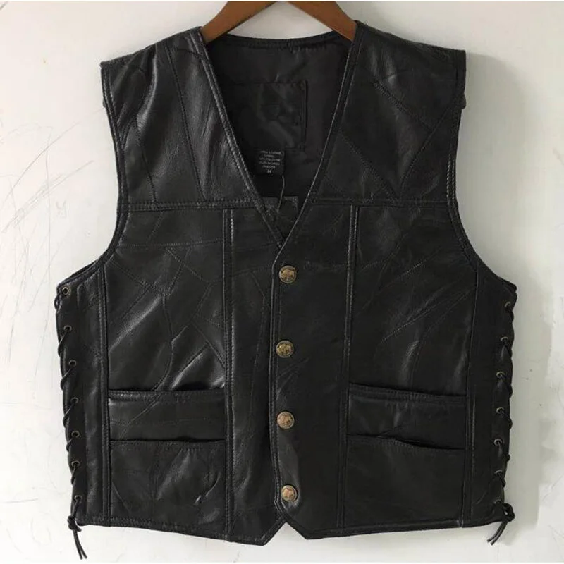 

Motorcycle Vest Leather Men's Waistcoat Male Biker Genuine Leather Button Lace Up Autumn Sleeveless Jacket For Men