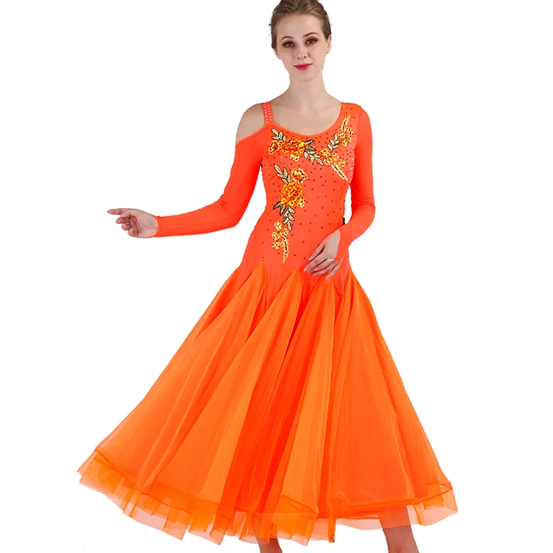 Ballroom Competition Dance Dresses Women New Long Sleeve Elegant Flamenco Dancing Costume Orange Standard Ballroom Dress