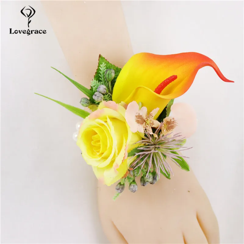 Lovegrace Artificial Rose Calla Lily Boutonniere Bride Wrist Corsage Groom Boutonnieres Bridesmaid White Bracelet Wedding Flower