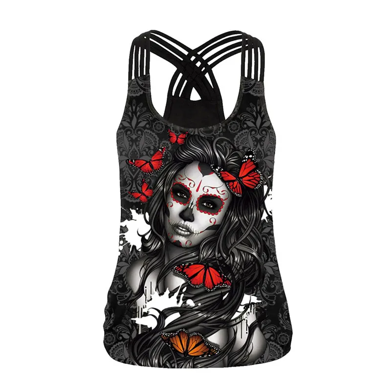 [You're My Secret] 2023 Summer Skull Girl Digital Printed Women's Tank Tops Fantastic Gothic Style Sling Top Sexy Backless Vest