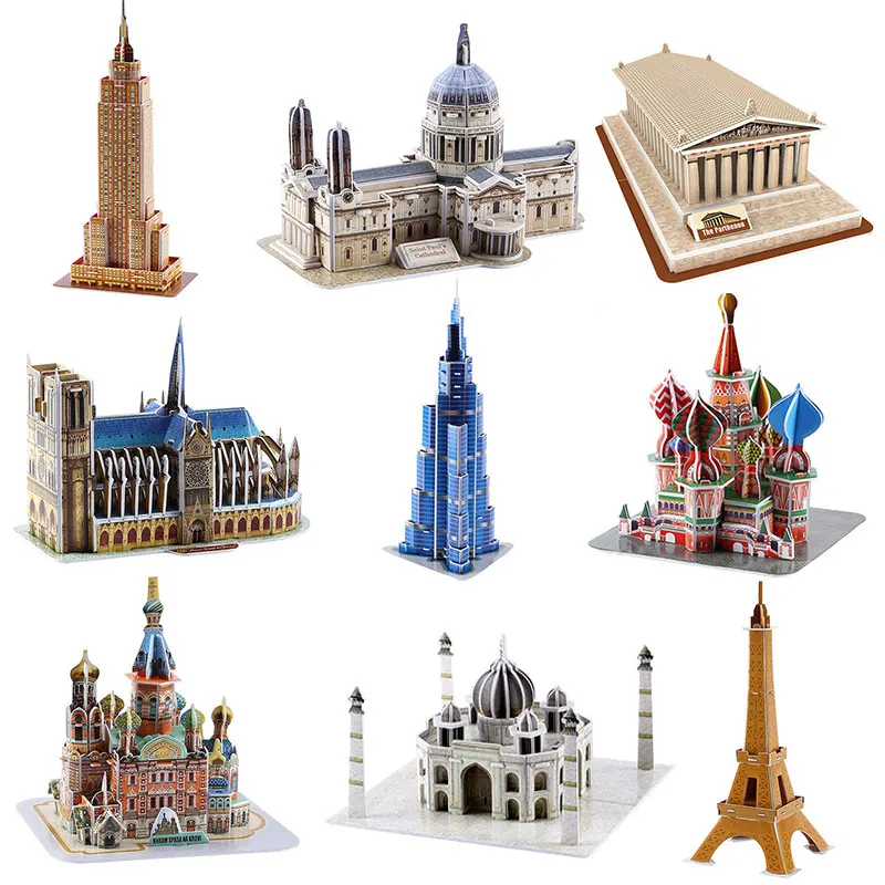 Kids Architecture 3D Cardboard Puzzle Toys Boxed Eiffel Tower Burj Khalifa Space Shuttle Dinosaur Famous Architectural Model Toy