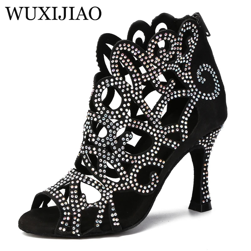 WUXIJIAO-Bottes de salsa latine noires pour dames, chaussures à semelle souple, laser, diamant chaud, entraînement sur scène, performance, fête, populaire, vente chaude