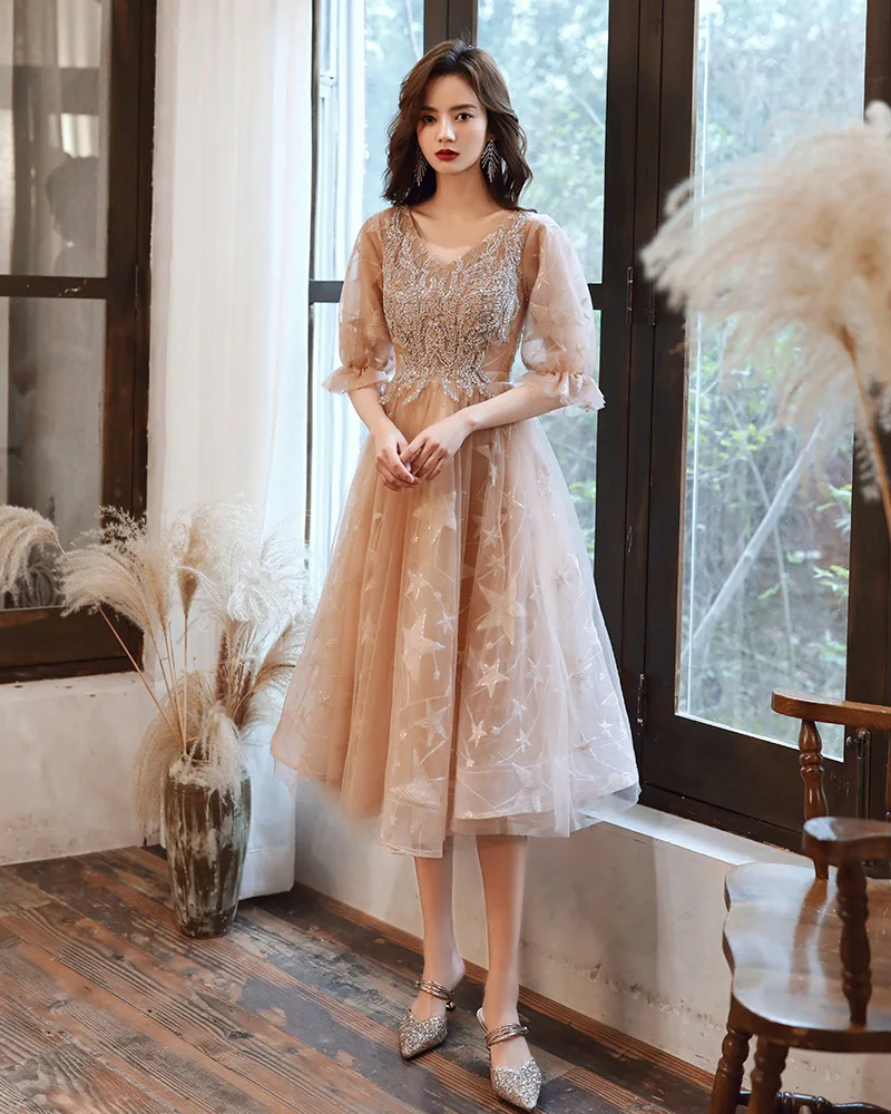 Champagne V-Neck 3XL Female Sexy Cheongsam Slim Women Wedding Evening Dress Elegant Dresses Exquisite Qipao Robe De Soiree