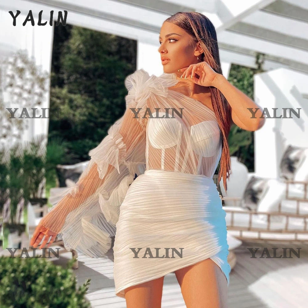 Yalin elegante vestidos de baile curto um ombro mangas compridas ver através das mulheres mini vestidos de cocktail robe de soirée de mariage