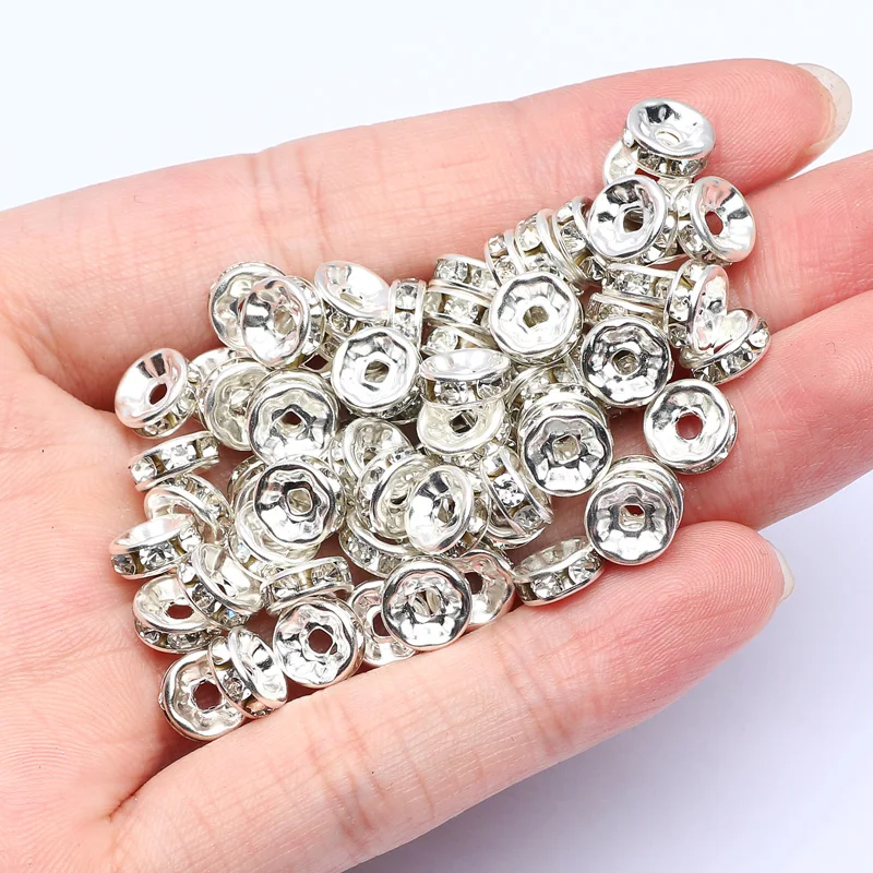 50pcs/lot 4 6 8 10mm Silver Color Rhinestone Rondelles Crystal Beads Round Loose Spacer Beads for DIY Jewelry Making Accessories