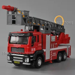 1:50 Diecast Metal Ladder Fire Engine Spray Water Truck Pull Back Toy Vehicle With Sound & Light