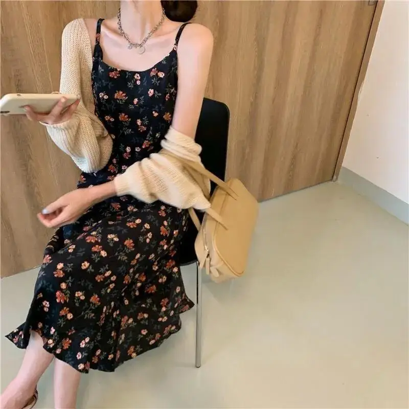 Spaghetti Strap Dress Women Vintage Chic Floral Trendy Ins All-match Autumn Ladies Clothing Sexy Party Holiday Vestido Feminino