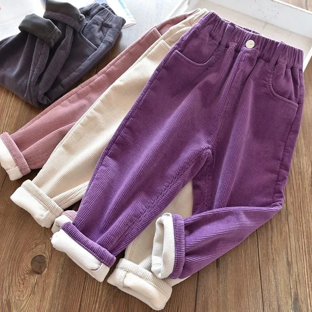 4-14 Years Kids Winter Corduroy Fleece Pants For Girls Solid Casual Sweatpants Soft Warm Children\'s Clothing Thick Trousers