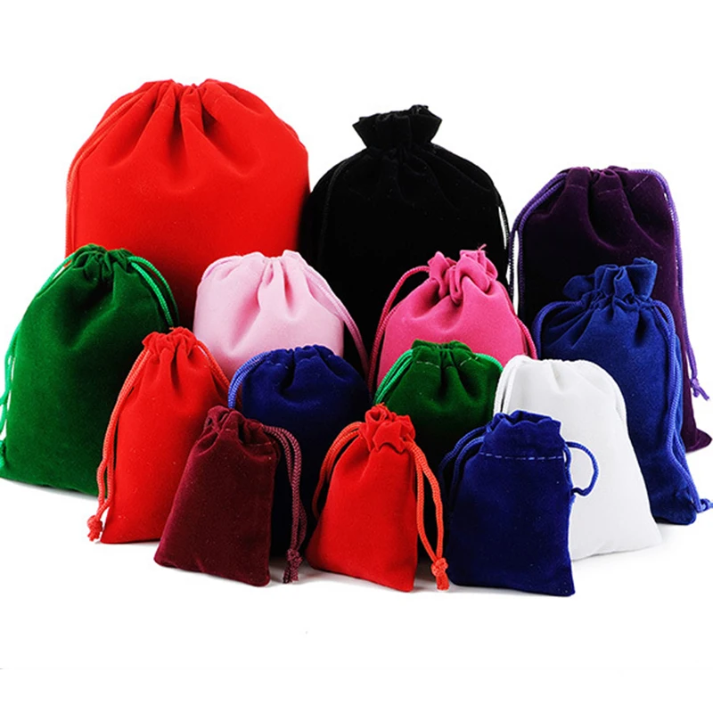 50pcs/lot Coloful Velvet bag Drawstring Pouches Jewelry Packaging Display Drawstring Packing Gift Bags & Pouches Printable Logo