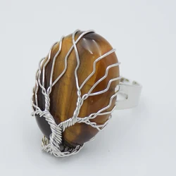 Silver-color Tree of Life Wire Wrapped Resizable Women Ring Fashion Party Jewelry Reiki Oval Natural Stone Crystal Finger Rings