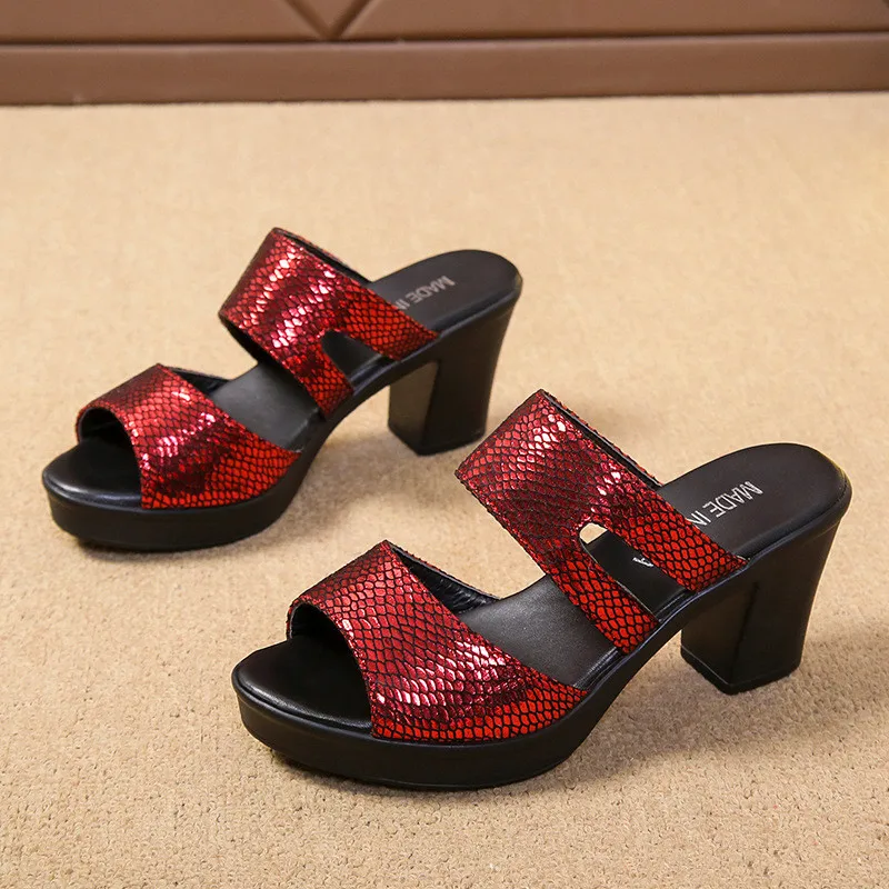 Fashion Women Summer Sandals Slippers Women Leather Sexy High Heel Black Open Toe Slip On Sandals Female Party Shoes