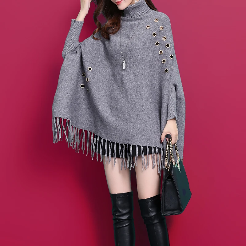 

Latest Turtleneck Crochet Poncho Long Sleeve Winter Tassel Cape Pullover Sweater Winter Woven Solid Color Shawl For Women Party