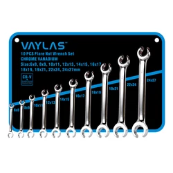 10Pcs Flare Nut Wrench Tools Set 6-27mm Sizes Oil Pipe Wrenches with Storage Pouch High Torque Mirror Polished Spanner Tool