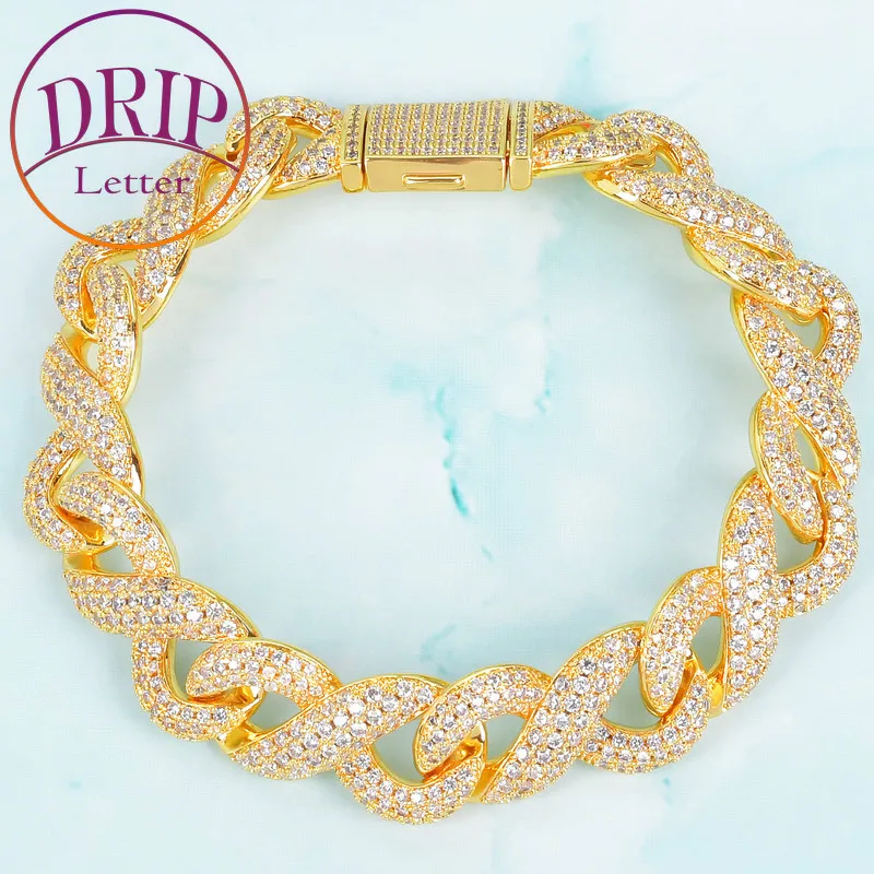 Drip Letter Solid 15mm Gold Color Cuban Bracelet Chain for Men Hip Hop Cubic Zircon Link Rock Jewelry