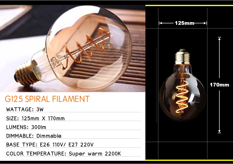 Retro dimmbare LED Edison Glühbirne E27 3W Gold Spiral-Filament ST64 G125 Ampoule LED Lampe Glühbirne Kronleuchter Dekorative Beleuchtung – Detail 18