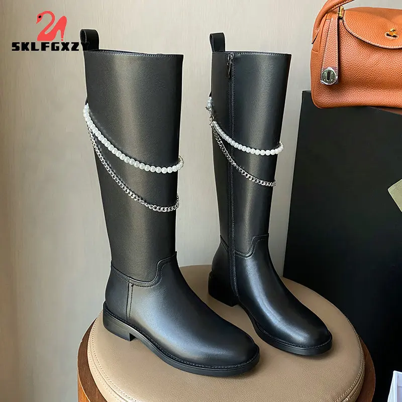 

Winter String Bead Fashion Women Knee High Boots Full Cow Leather Warm Flat Thick High Heels Motorcycle Boots Woman Lady Shoes