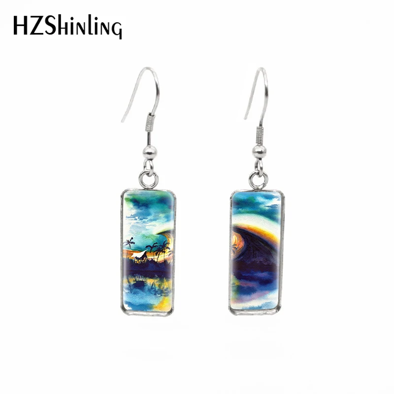 2020 New Coastal Tropical Beach Art Earring Summer Beach Rectangular Earring Handmade Hook Earrings Glass Surfing Jewelry