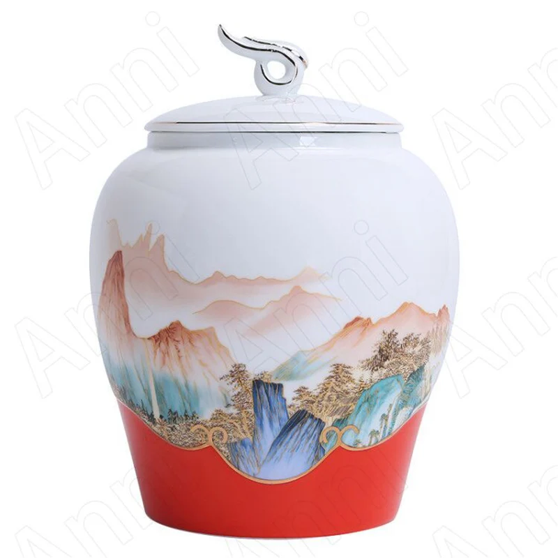 Landscape Painting Ceramic Tea Container Chinese Modern Relief Sealed Moisture-proof Tea Storage Organizer Home Decoration