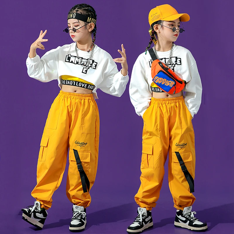 Costume de Jazz moderne pour enfants, vêtements de danse Hip Hop pour filles, hauts courts, pantalons Cargo, manches longues, vêtements de rue, Costume de Concert BL7599