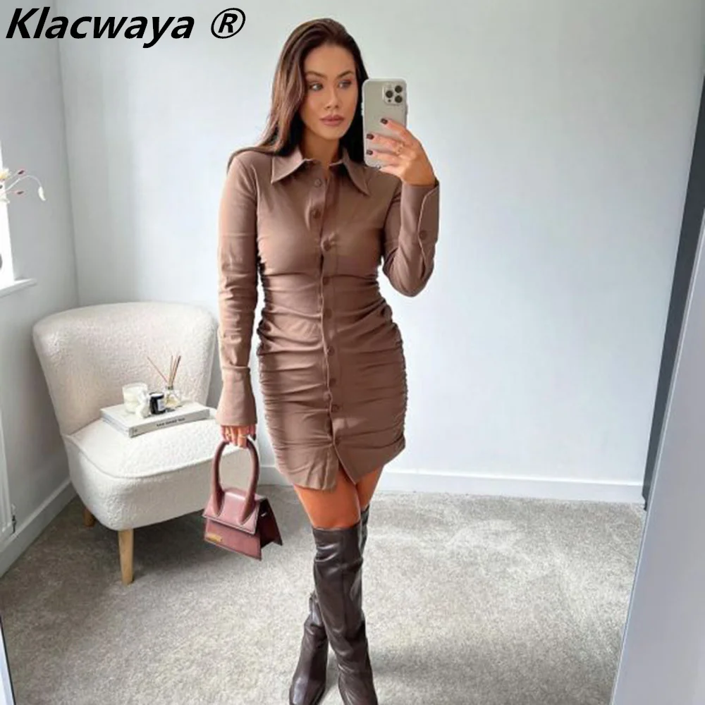 Klacwaya Shirt Dresses For Women 2021 Autumn Vintage Solid Bodycon Dress Casual Long Sleeve Folds Shirts Corset Mini Dress