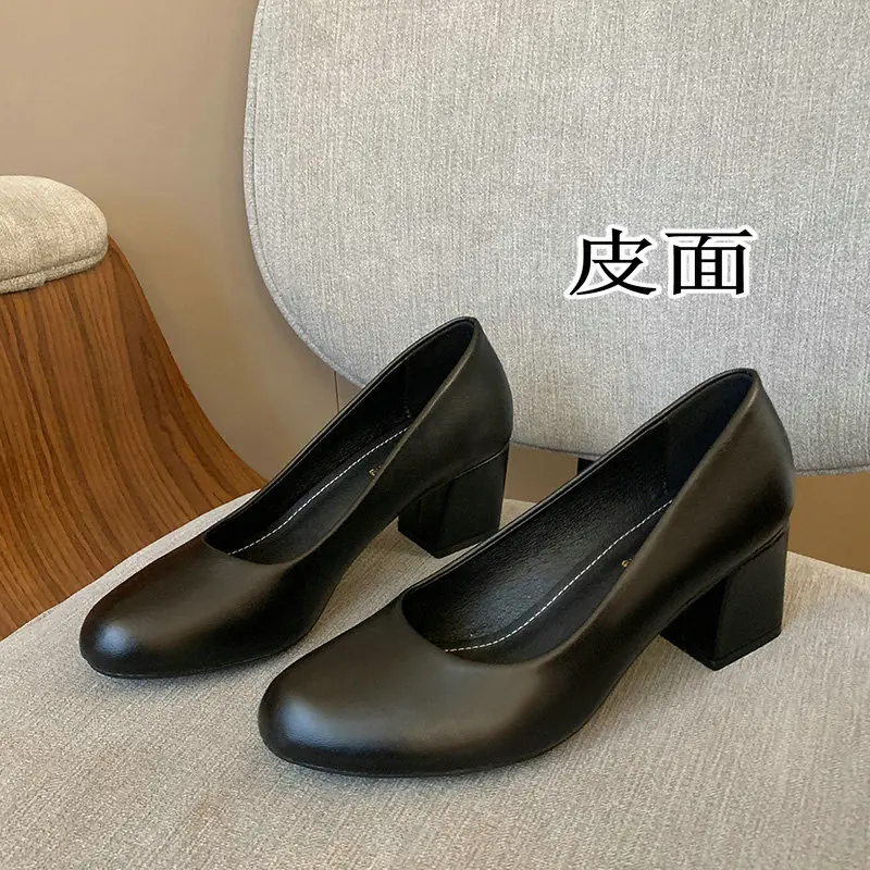 New Soft Leather Pumps Women Basic Spring Square High Heels Office Career Comfortable Shoes Plus Size 43 44 45 For Lady S0001