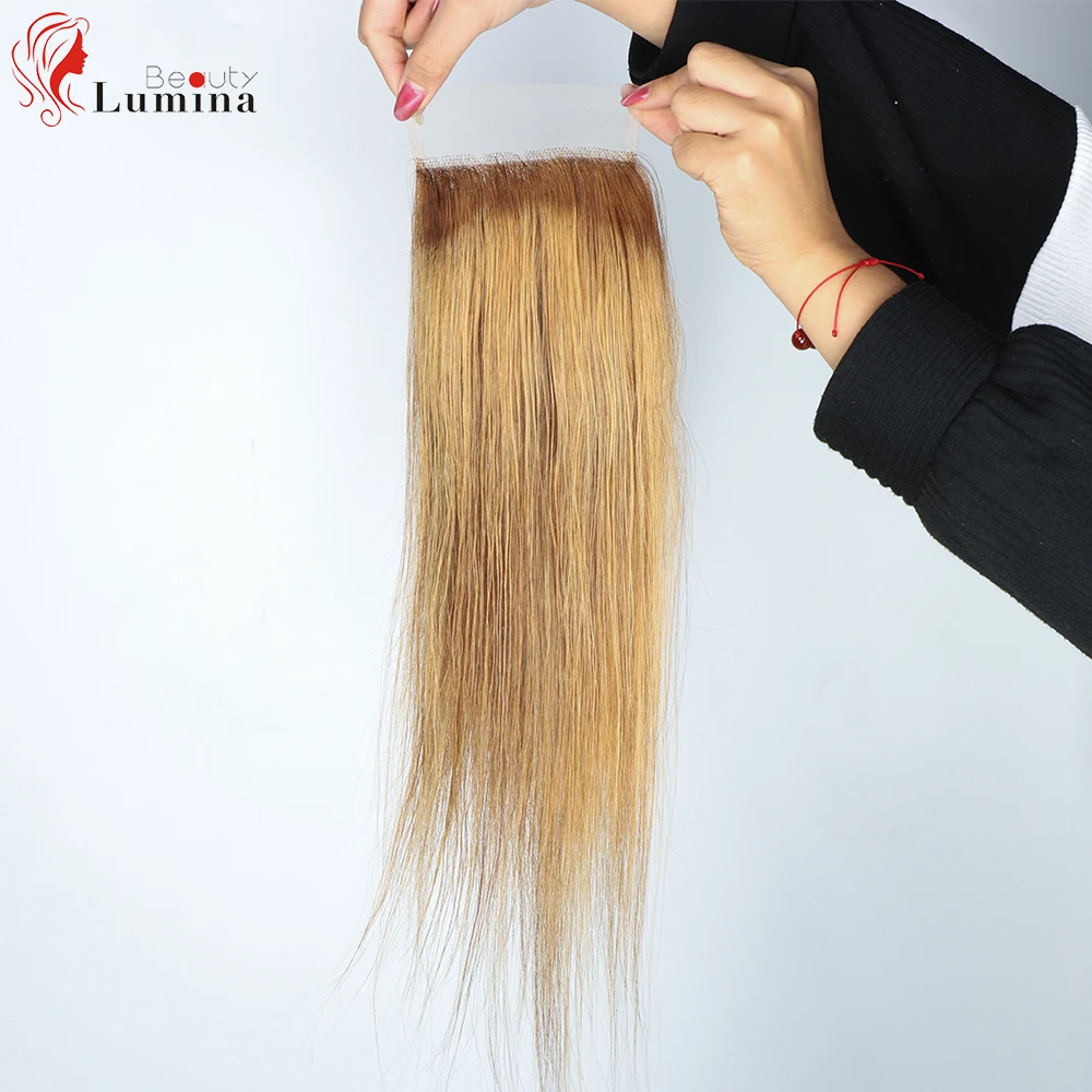Highlight Closure Human Hair Lace Frontal Closure P4/27 Ombre Straight Hair Transparent Lace Closure Brazilian Remy Hair Weave