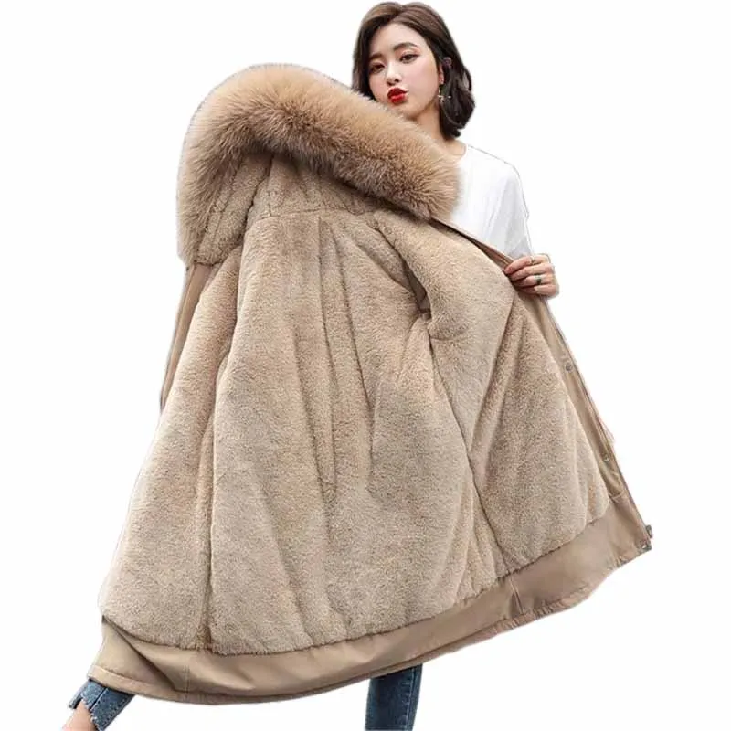 2022 New Winter Parka Women Padded Jacket Velvet Liner Thick Warm Coat Loose Big Fur Collar Hooded Outwear 6XL Casaco Feminino