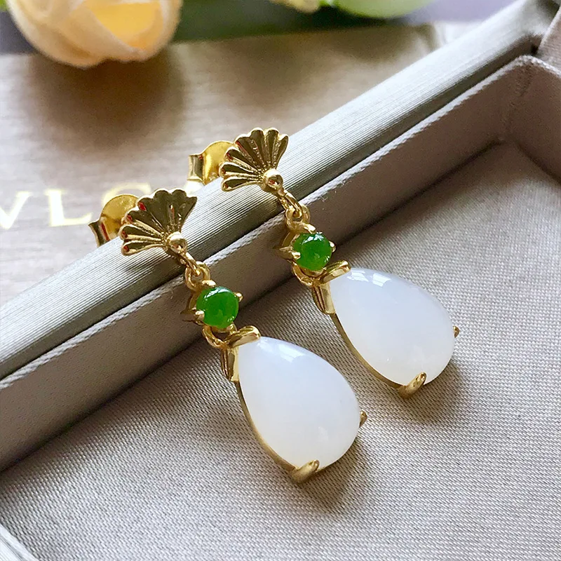 

S925 Sterling Silver Inlaid Natural Hetian White Jade. Jasper. White Silver And Gold Earrings