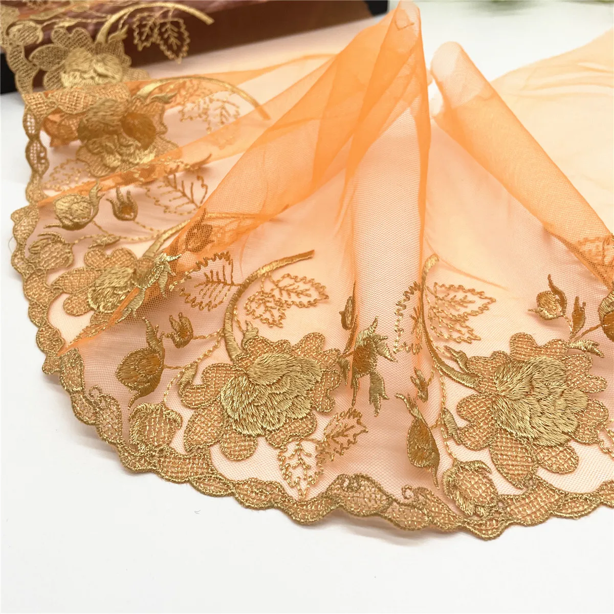 3y/lot Width19.50cm Orange Floral No-Shiny Embroidery Lace Trim DIY Craft Sewing Supplies Skirt Hem Decoration Accessories Dolls