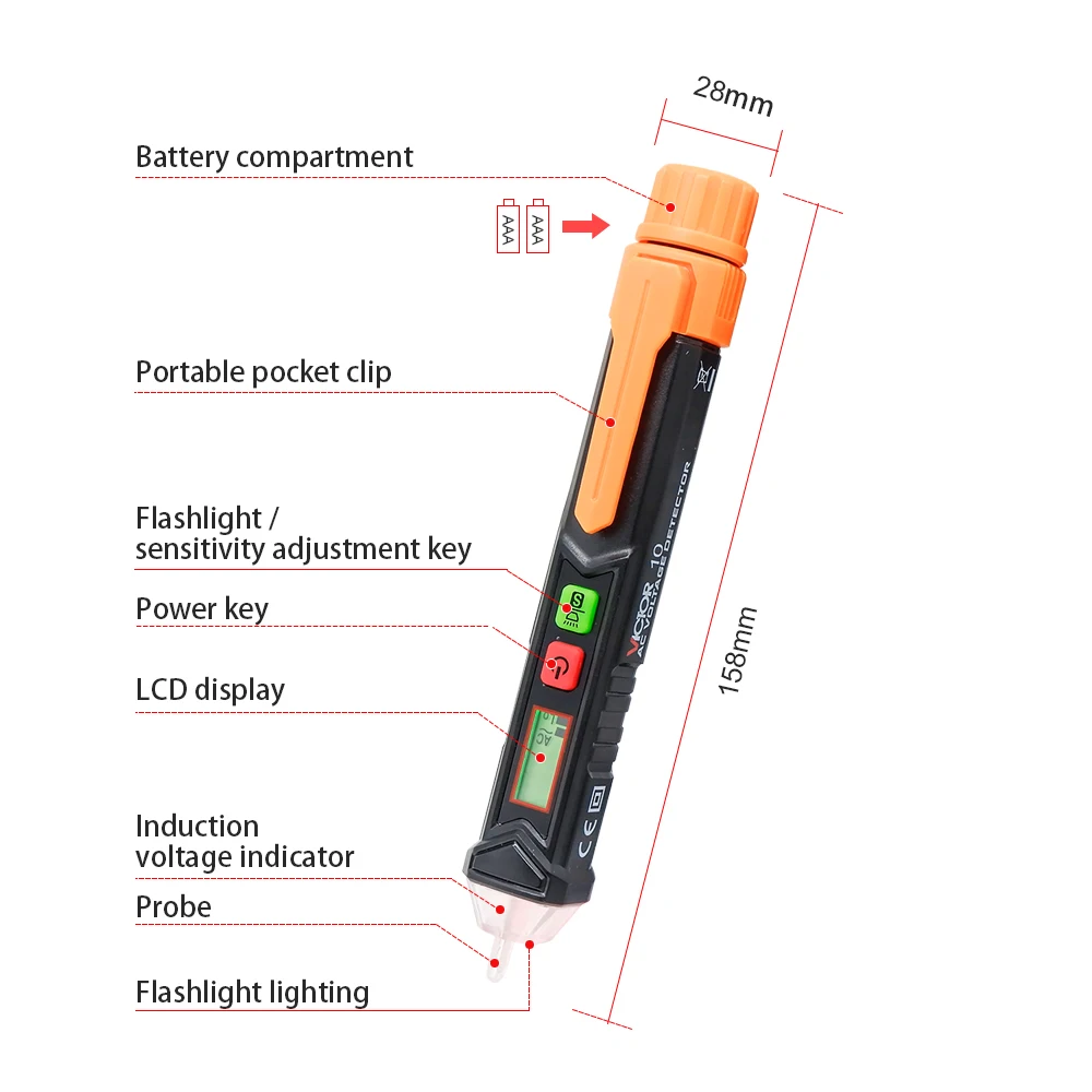 RuoShui-Detector de voltaje de CA sin contacto, medidor con pantalla LCD, alarma de sensibilidad NCV, disyuntor eléctrico, probador de lápiz, 10 Uds.