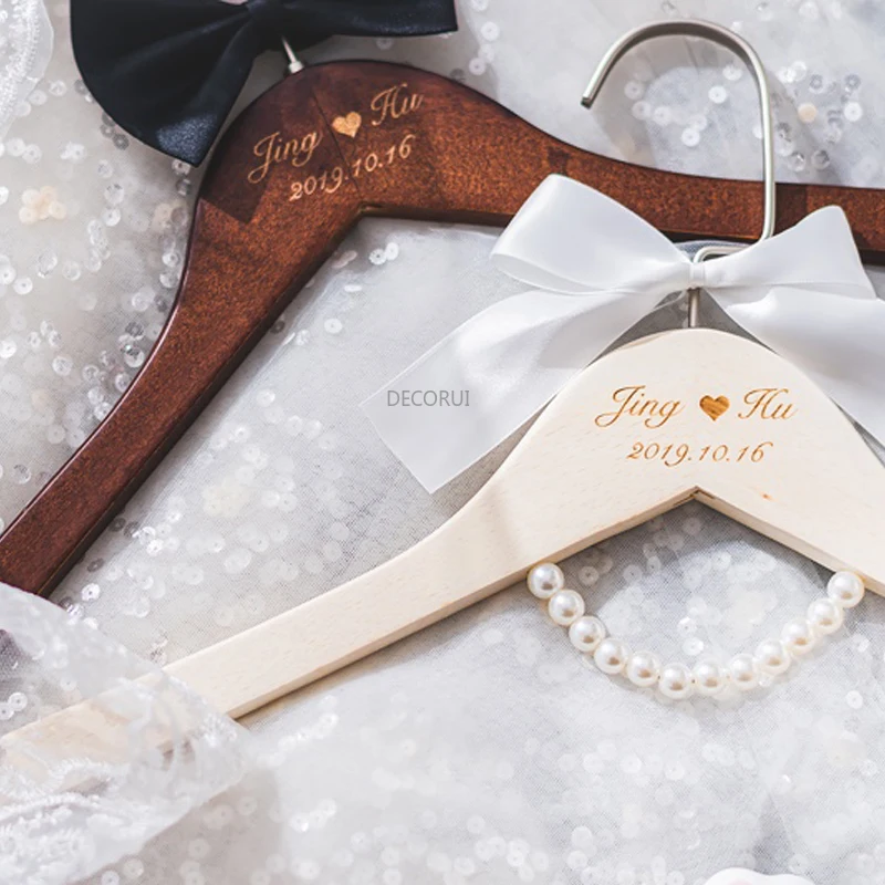 Wedding Hanger Custom Dress with The Bride Groom Name Solid Wood Carving Personality Hanging