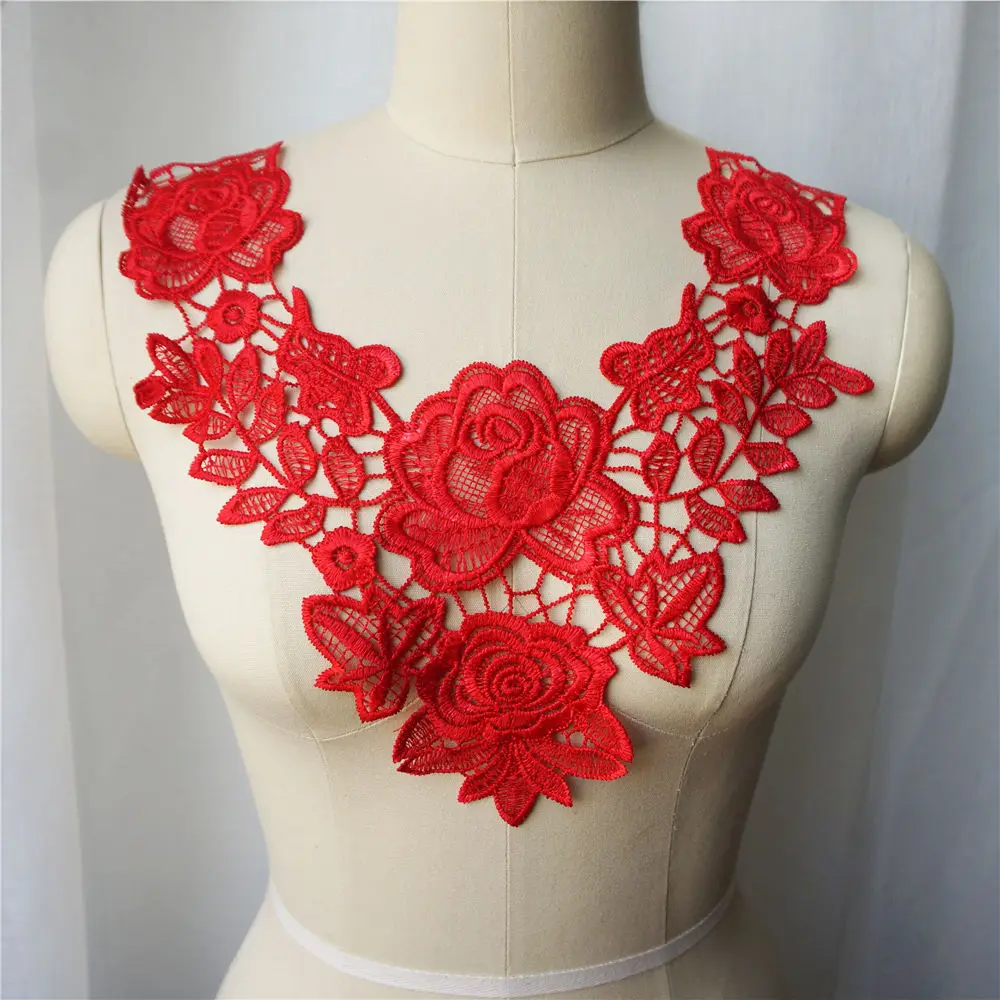 Bronze White Black Red Embroidered Gown Appliques Lace Fabric Trims Collar Mesh Sew On Patches For Wedding Decoration Dress DIY