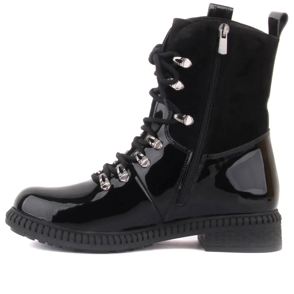 Sail-Lakers Hitam Patent Kulit, Suede Ritsleting Wanita Sepatu