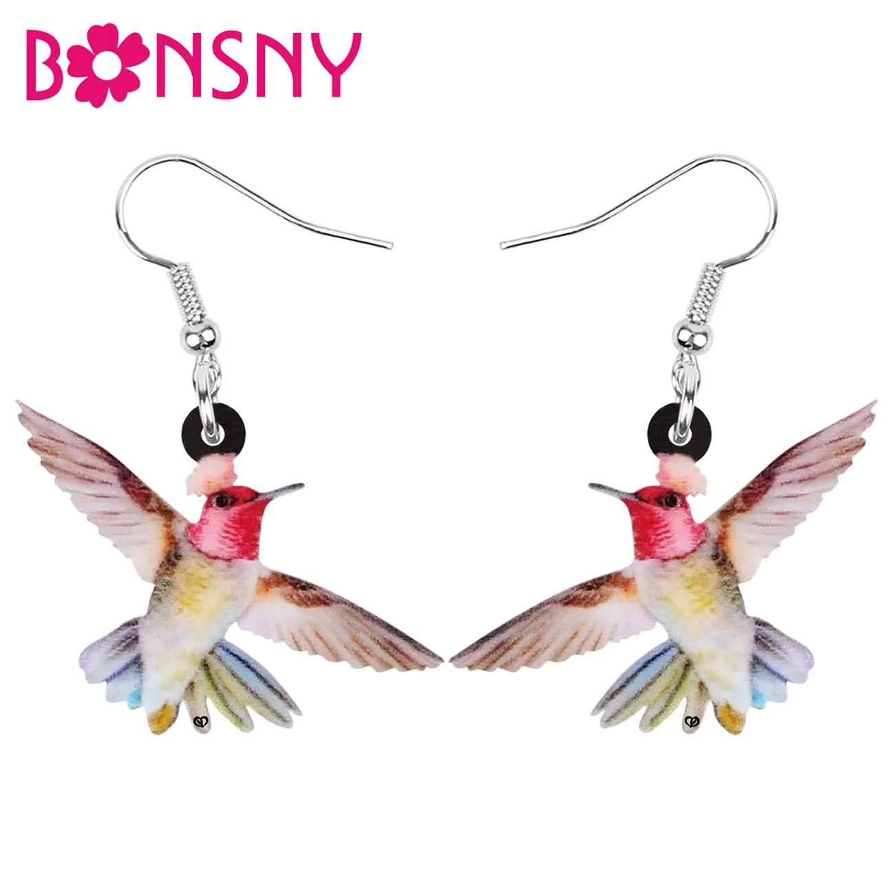 Bonsny Acrylic Charm Hummingbird Earrings Print Lovely Bird Animal Dangle Drop Jewelry For Women Girls Trendy Gift Accessories