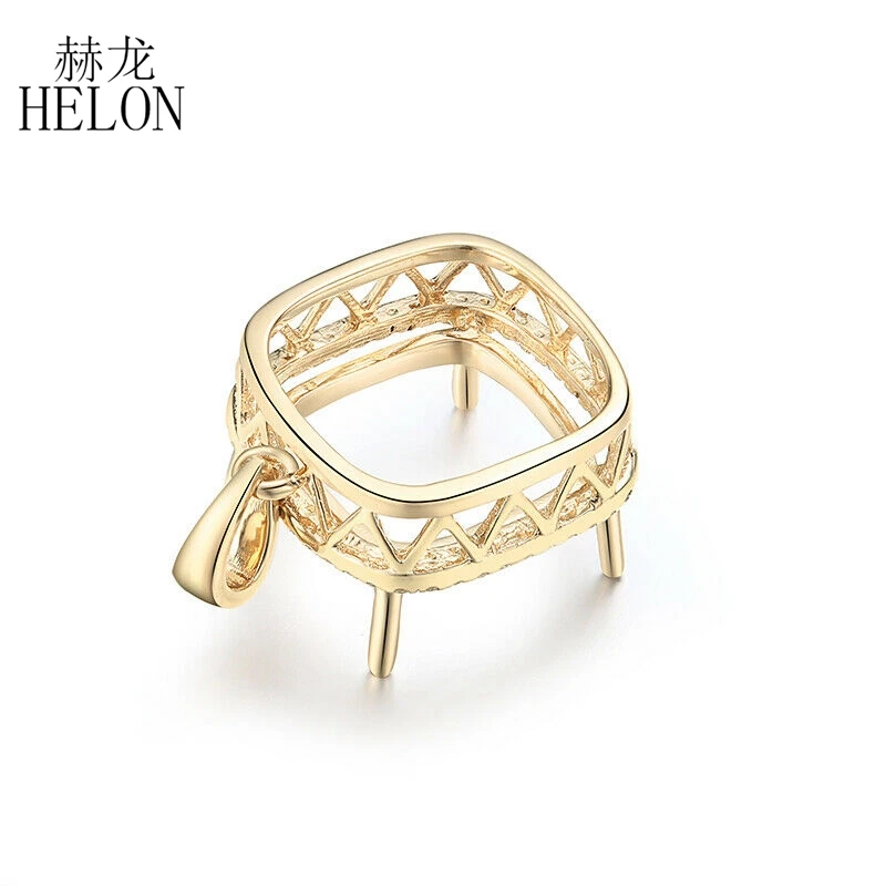 HELON Solid 14K Yellow Gold Real Genuine Natural Diamonds Semi Mount Pendant Women Fine Jewelry Cushion Cut 12x12mm Pendant Gift