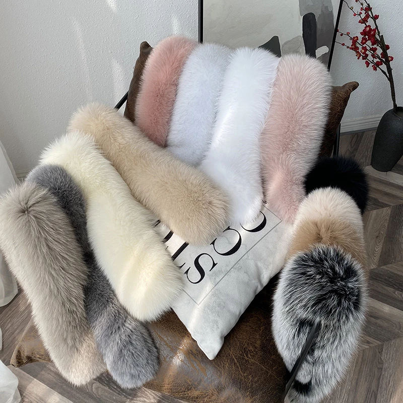 80CM Winter 100% Real Fox Fur Scarf Straight Collar Women\'s Coat Hat Warm Decoration Trim Natural Fox Scarves Luxury Thick Shawl