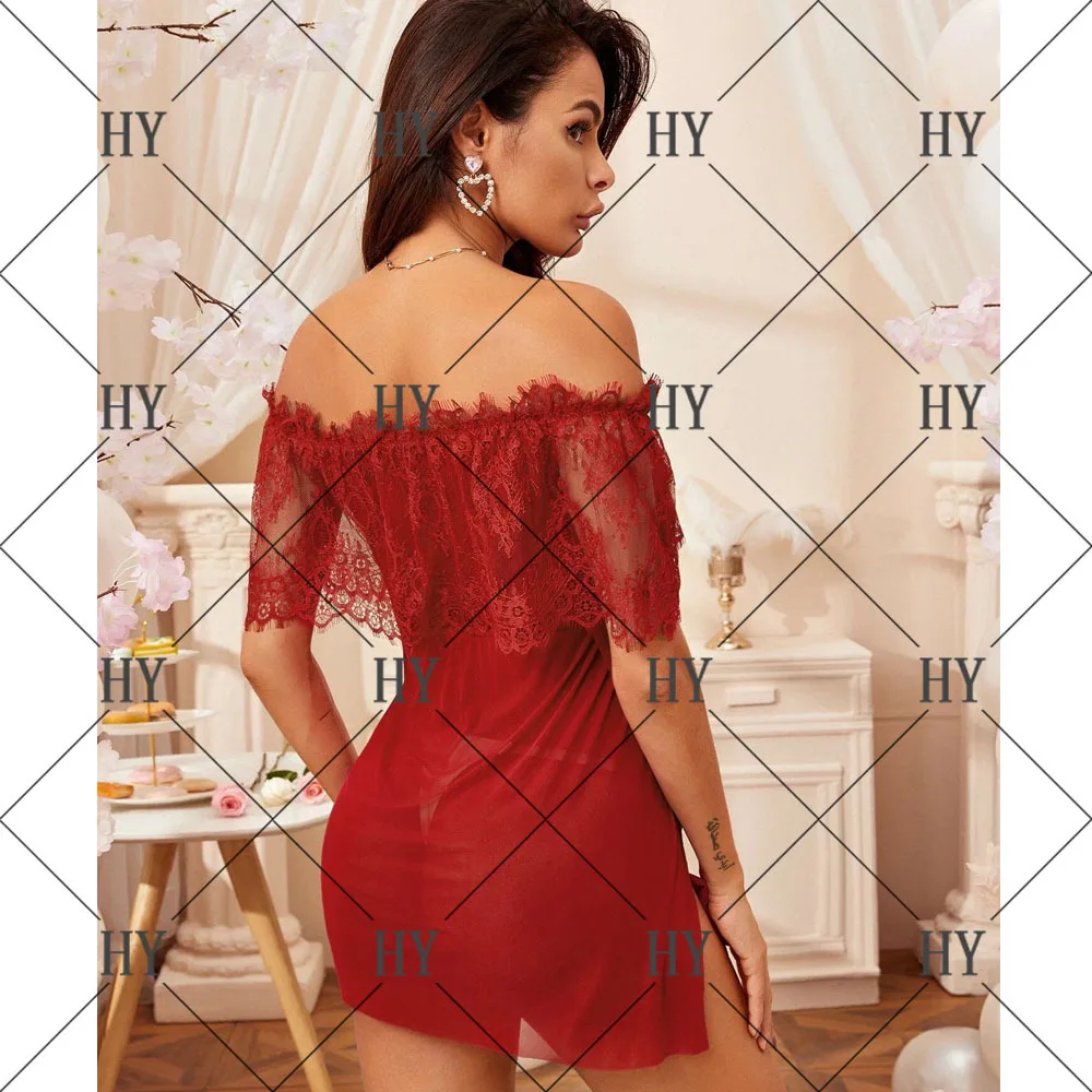 Fashion Plus Size Lace Night Dress Lingerie Womens Clothing Sexy See Though Sleepwear Spaghetti Strap hollow nighties for lady