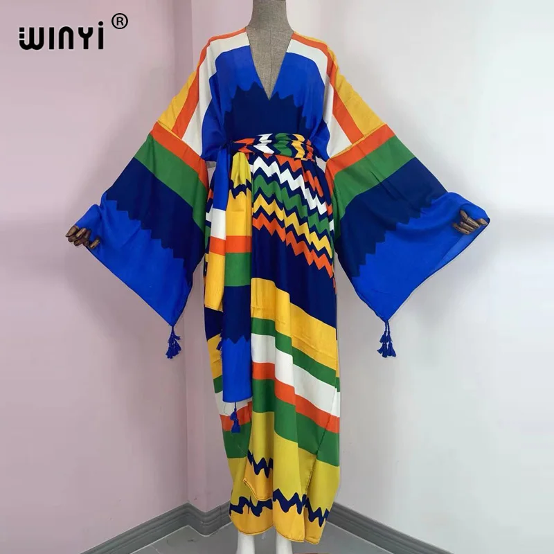 

Spring Summer Lady KIMONO Women's Dress Wave Print Long Sleeve V-Neck Casual Loose Holiday beach cardigan Dress robe sexy femme