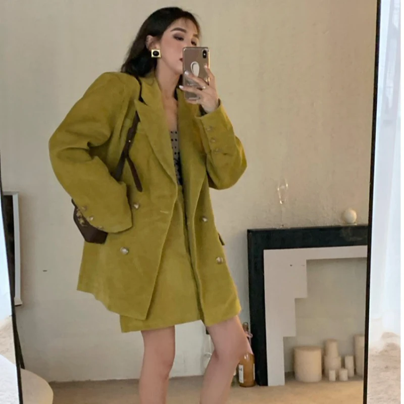 Vintage French Style Loose Women Blazer Double Breasted Casual Female Suit Coat Turn Down Collar Outerwear With Pockets