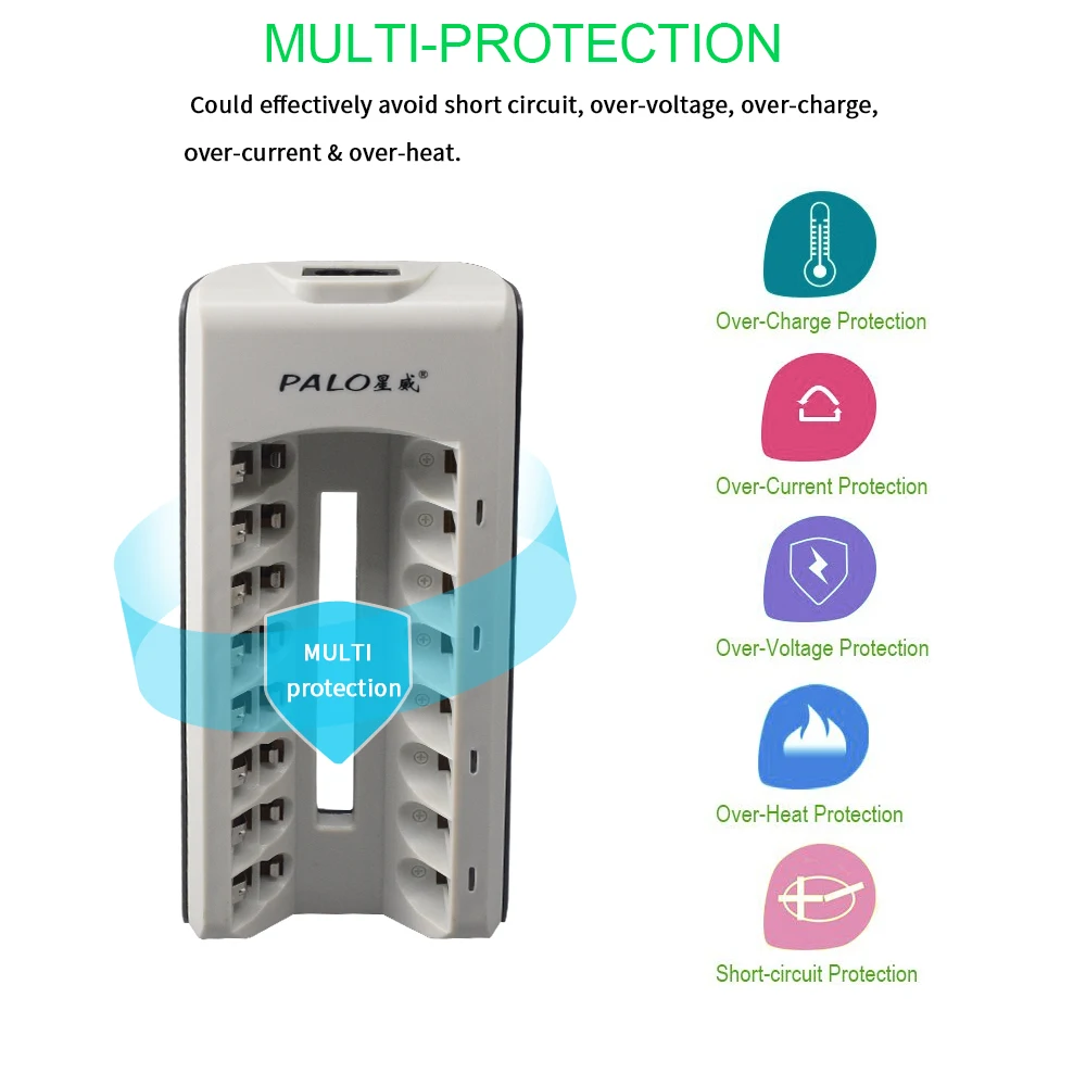 PALO AAA AA Battery Charger 8 Slots LED Indicator Light Smart Charger for 1.2v Ni-MH Ni-CD Rechargeable AA AAA Battery