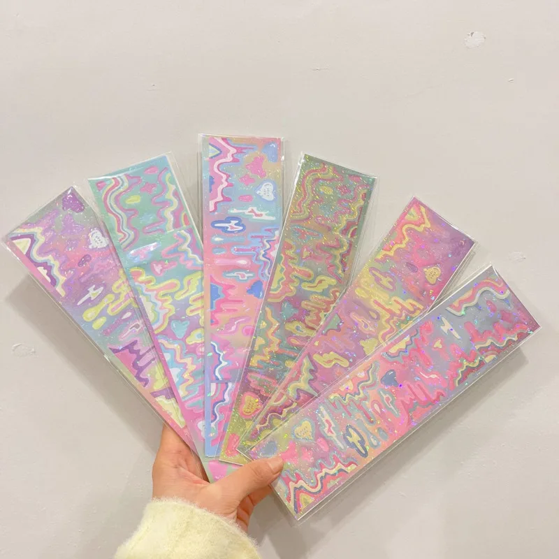 Ins Blingbling Shiny Wavy Sticker Gradient Color Laser Stationery Stickers Idol Star Card Photo Border Diy Decorative Stickers