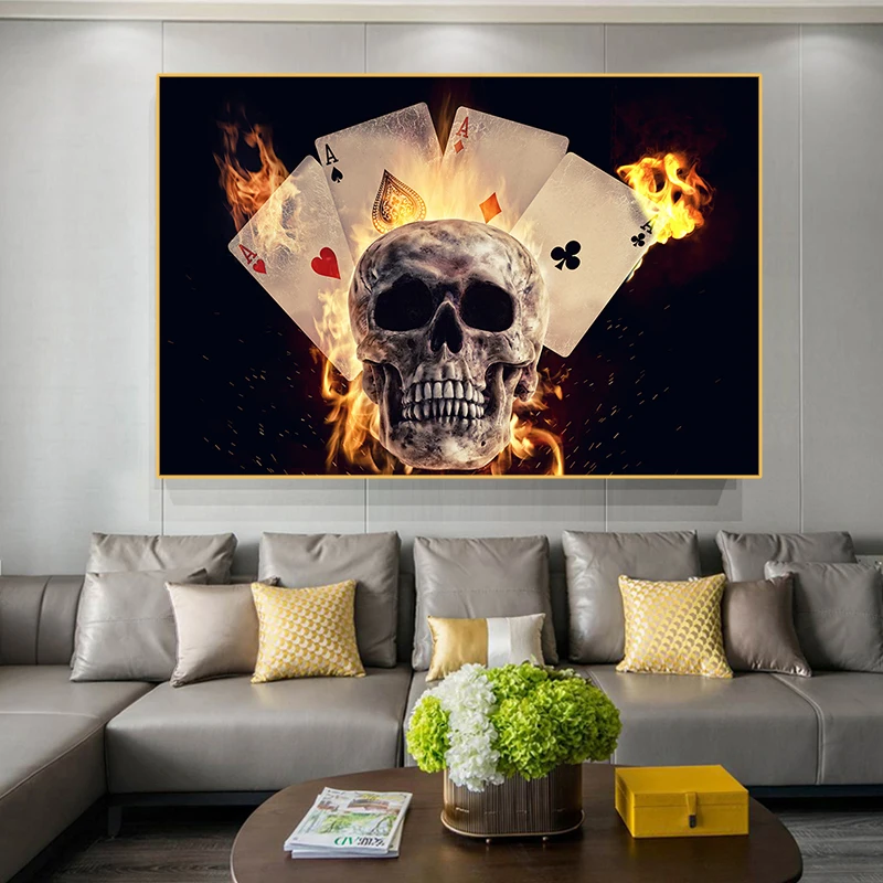 

Burning Playing Cards Skull Canvas Paintings Wall Art Posters and Prints Modern Home Deocr Wall Picture For Living Room Cuadros