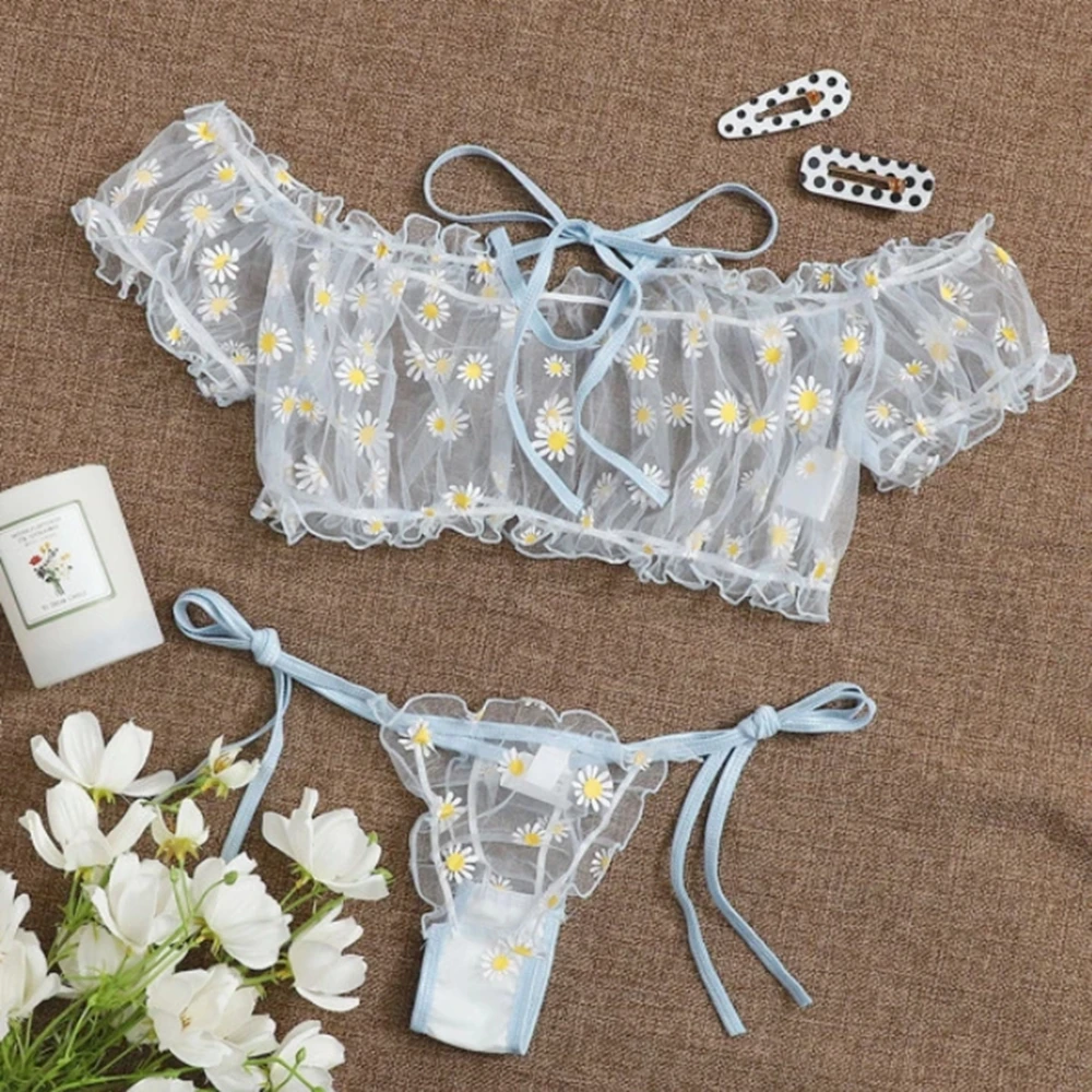 2Pcs Women Lingerie Suit Sexy Sheer Daisy Floral Printing Off-Shoulder Crop Top + Bow knot Tie-Waist Thong-Panty Underwear Sets